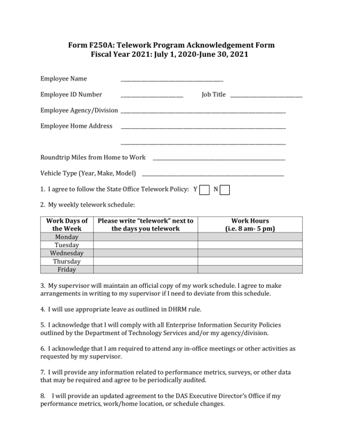 Form F250A Telework Program Acknowledgement Form - Utah, 2021