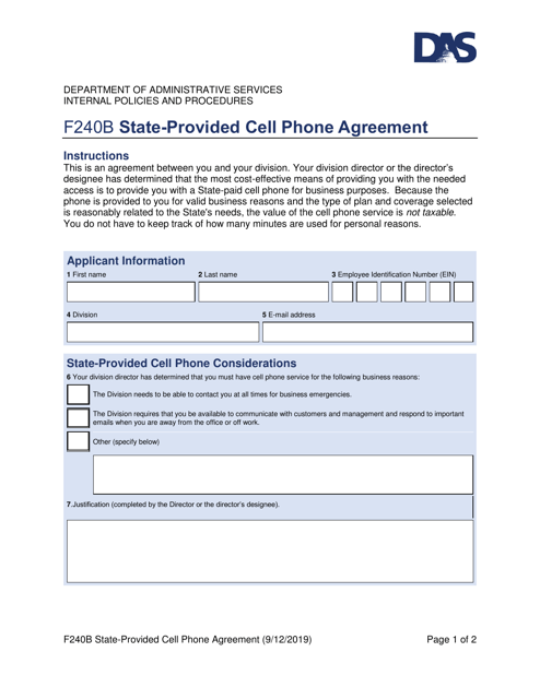 Form F240B State-Provided Cell Phone Agreement - Utah