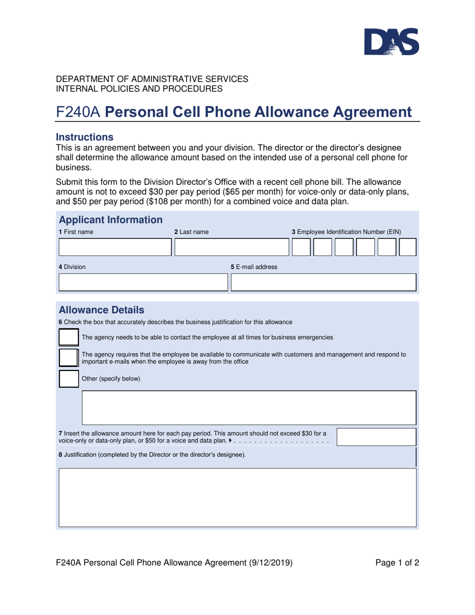 Form F240A Personal Cell Phone Allowance Agreement - Utah, Page 1