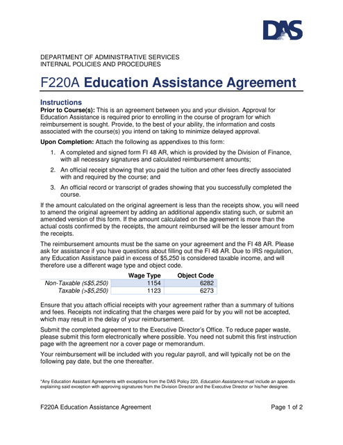 Form F220A Education Assistance Agreement - Utah