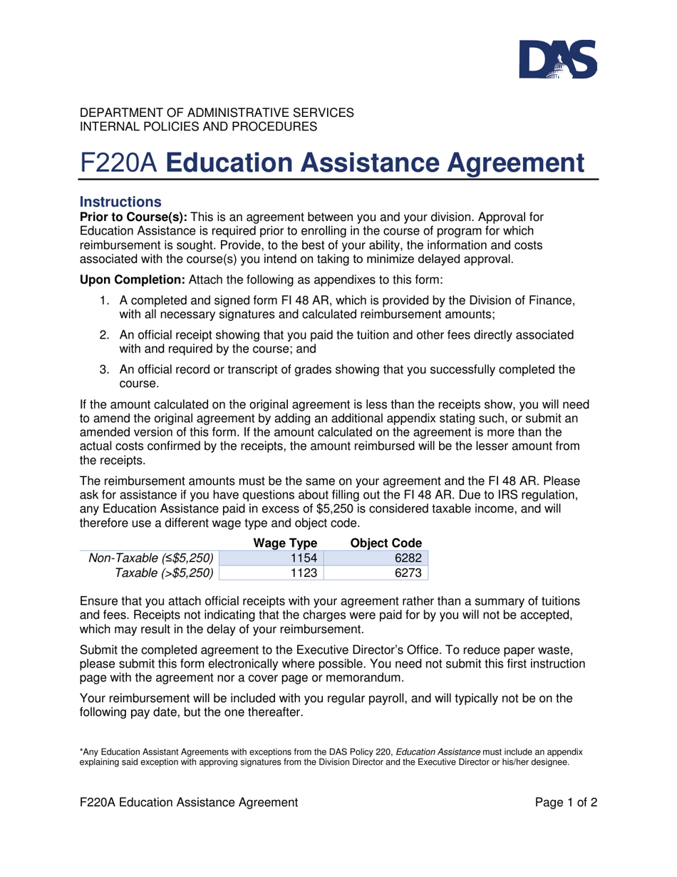 Form F220A Education Assistance Agreement - Utah, Page 1