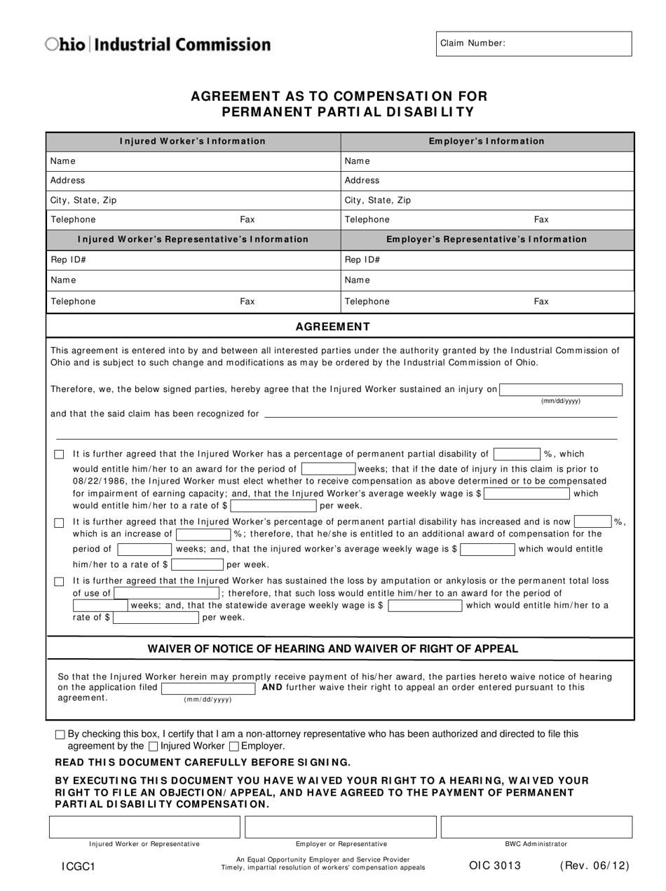 Form IC-GC1 Agreement as to Compensation for Permanent Partial Disability - Ohio, Page 1