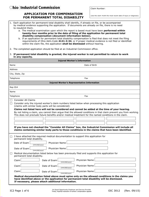 Form IC2 Application for Compensation for Permanent Total Disability - Ohio