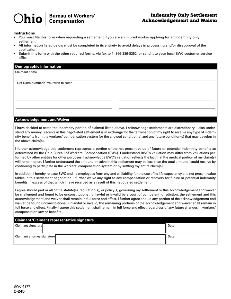 Form C-245 (BWC-1377) Indemnity Only Settlement Acknowledgement and Waiver - Ohio, Page 1