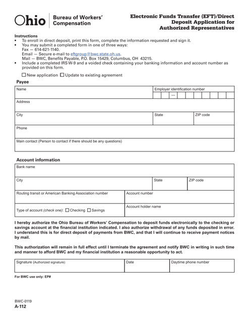 Form A-112 (BWC-0119) Electronic Funds Transfer (Eft)/Direct Deposit Application for Authorized Representatives - Ohio