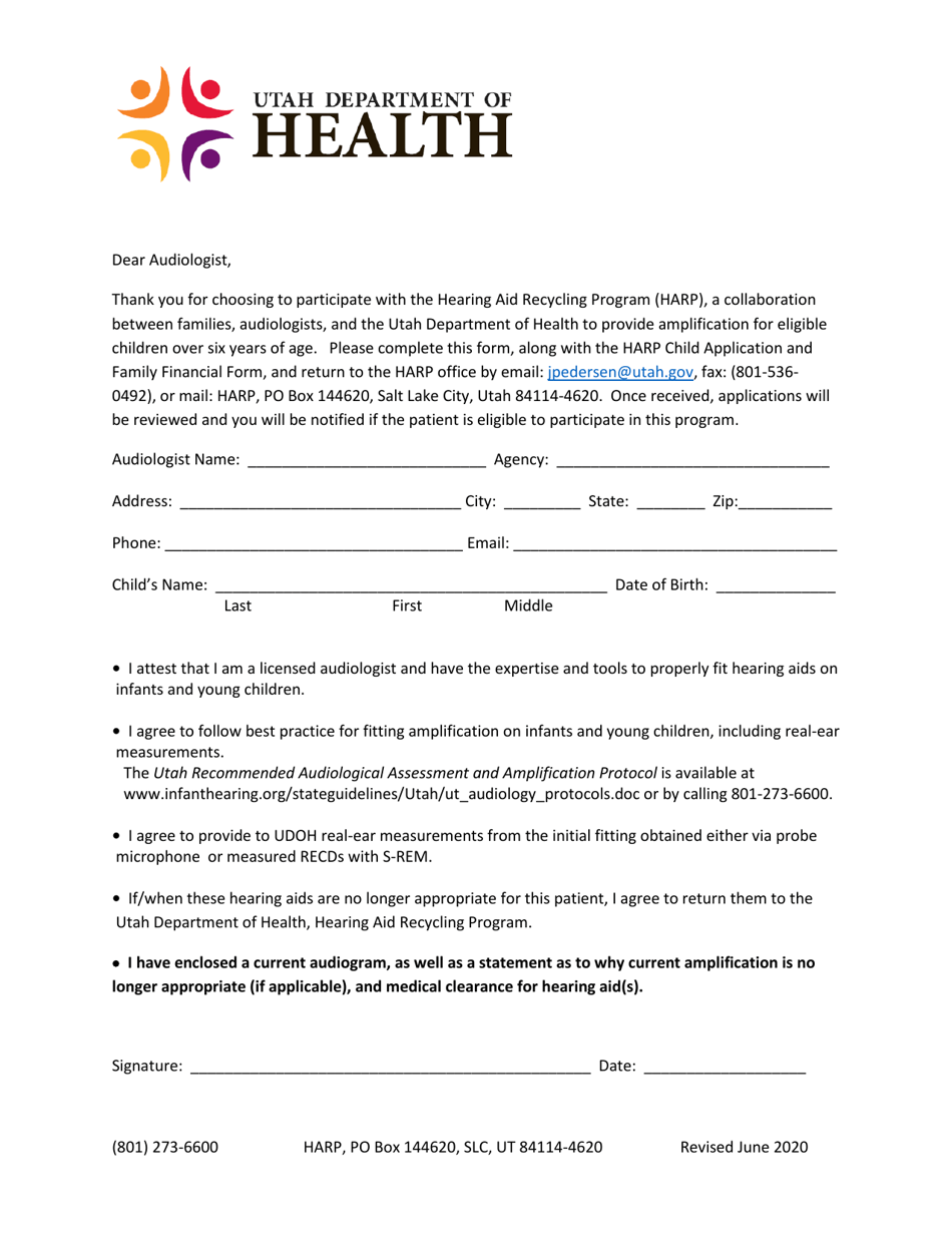 Utah Harp Audiologist Application Form Fill Out, Sign Online and