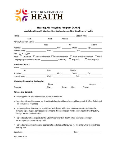 Harp Child Application Form - Utah