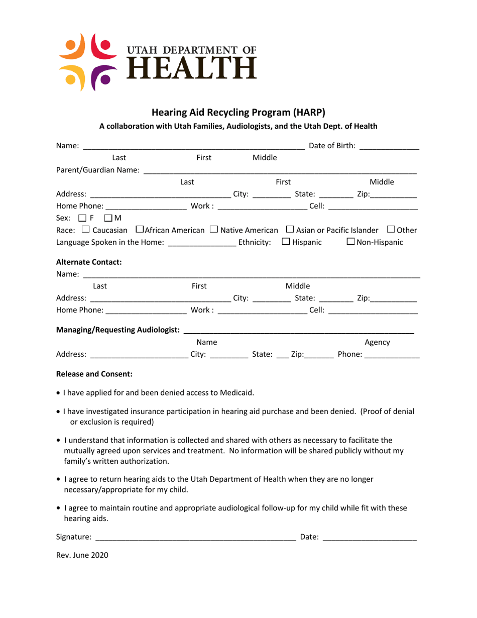 Harp Child Application Form - Utah, Page 1