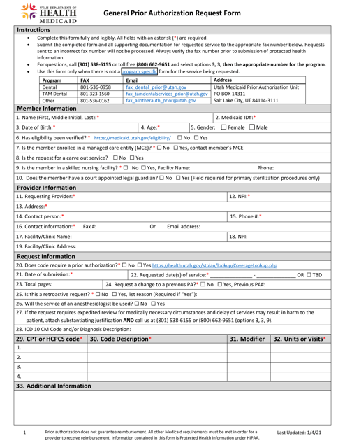 General Prior Authorization Request Form - Utah Download Pdf