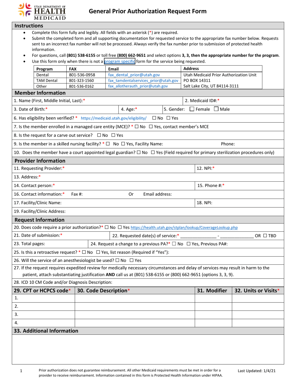 General Prior Authorization Request Form - Utah, Page 1