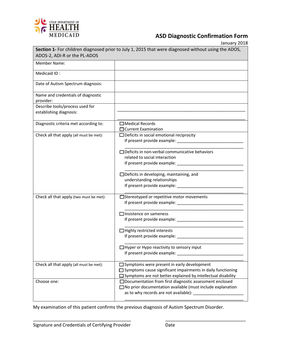 Asd Diagnostic Confirmation Form - Utah, Page 1