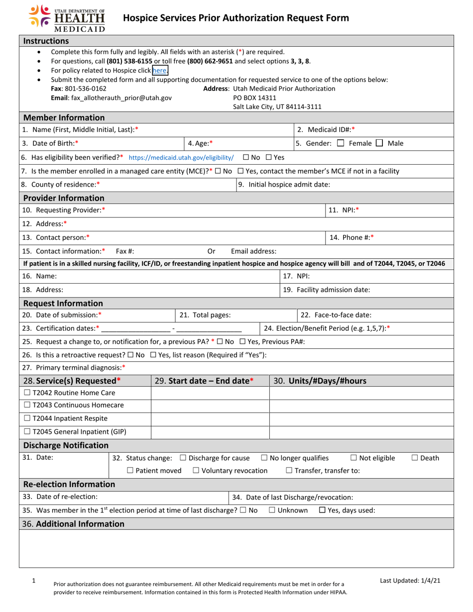 Hospice Services Prior Authorization Request Form - Utah, Page 1