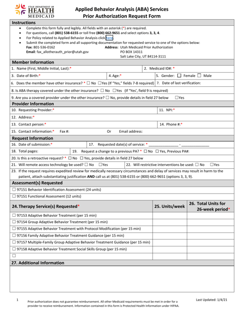 Applied Behavior Analysis (Aba) Services Prior Authorization Request Form - Utah