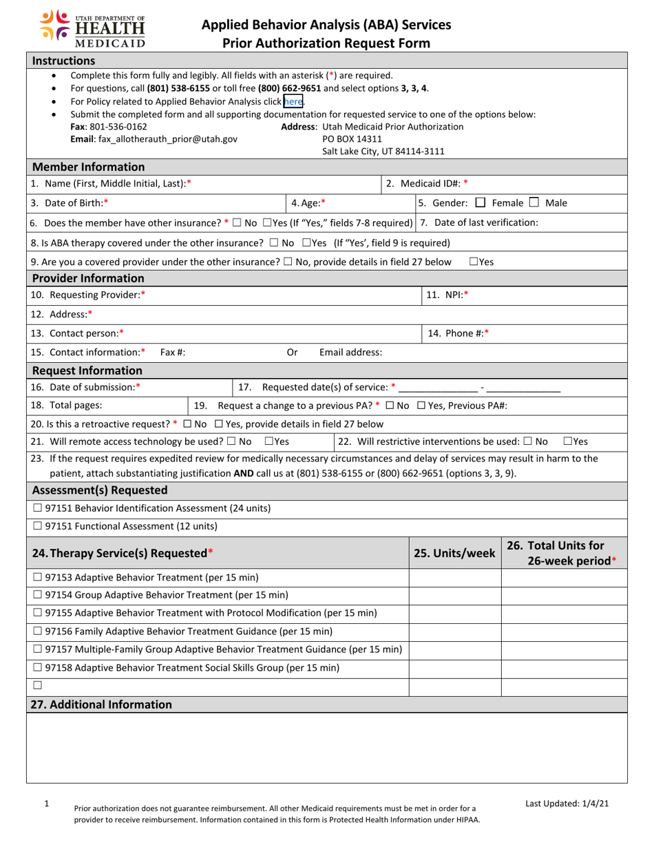 Applied Behavior Analysis (Aba) Services Prior Authorization Request Form - Utah, Page 1