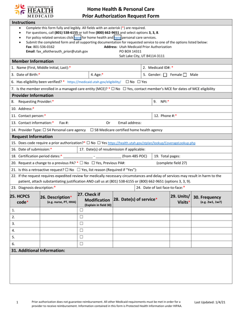 Home Health & Personal Care Prior Authorization Request Form - Utah Download Pdf