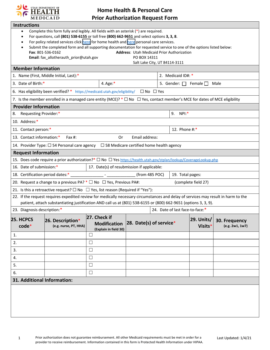 Home Health  Personal Care Prior Authorization Request Form - Utah, Page 1