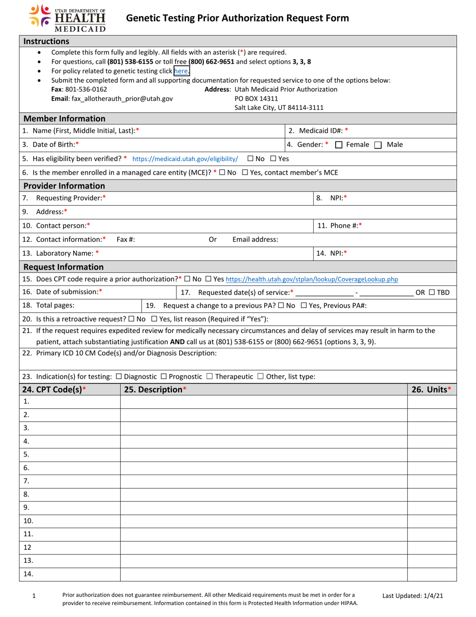 Genetic Testing Prior Authorization Request Form - Utah, Page 1