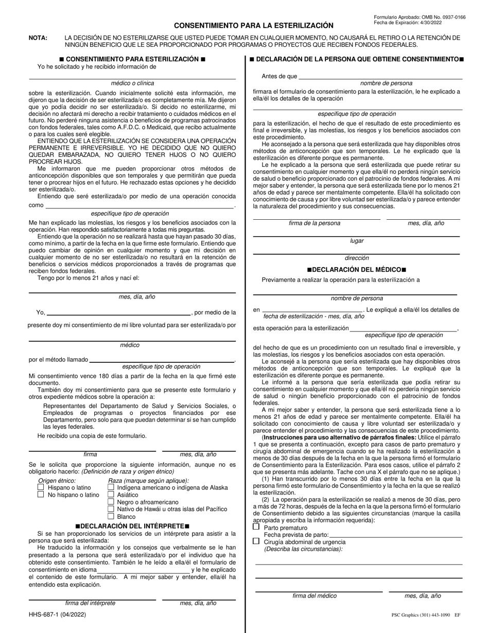 Form HHS-687-1 Consent for Sterilization - Utah (English / Spanish), Page 1