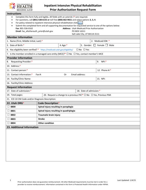 Inpatient Intensive Physical Rehabilitation Prior Authorization Request Form - Utah Download Pdf