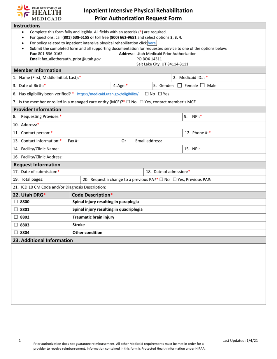 Inpatient Intensive Physical Rehabilitation Prior Authorization Request Form - Utah, Page 1