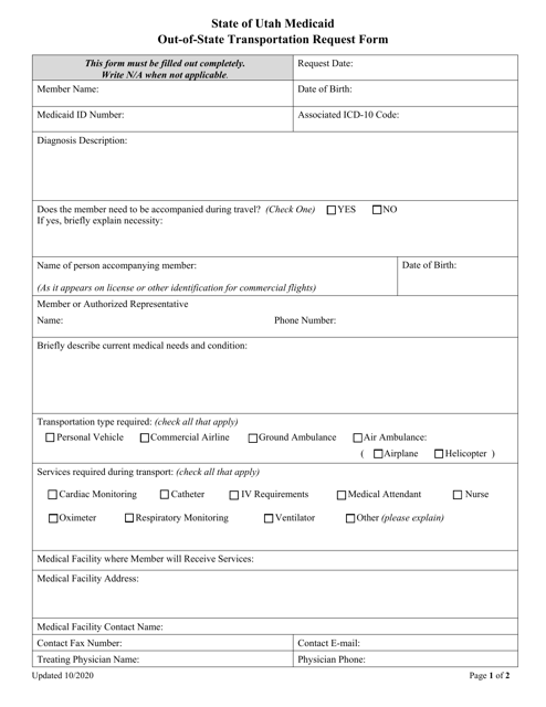 Out-of-State Transportation Request Form - Utah Download Pdf