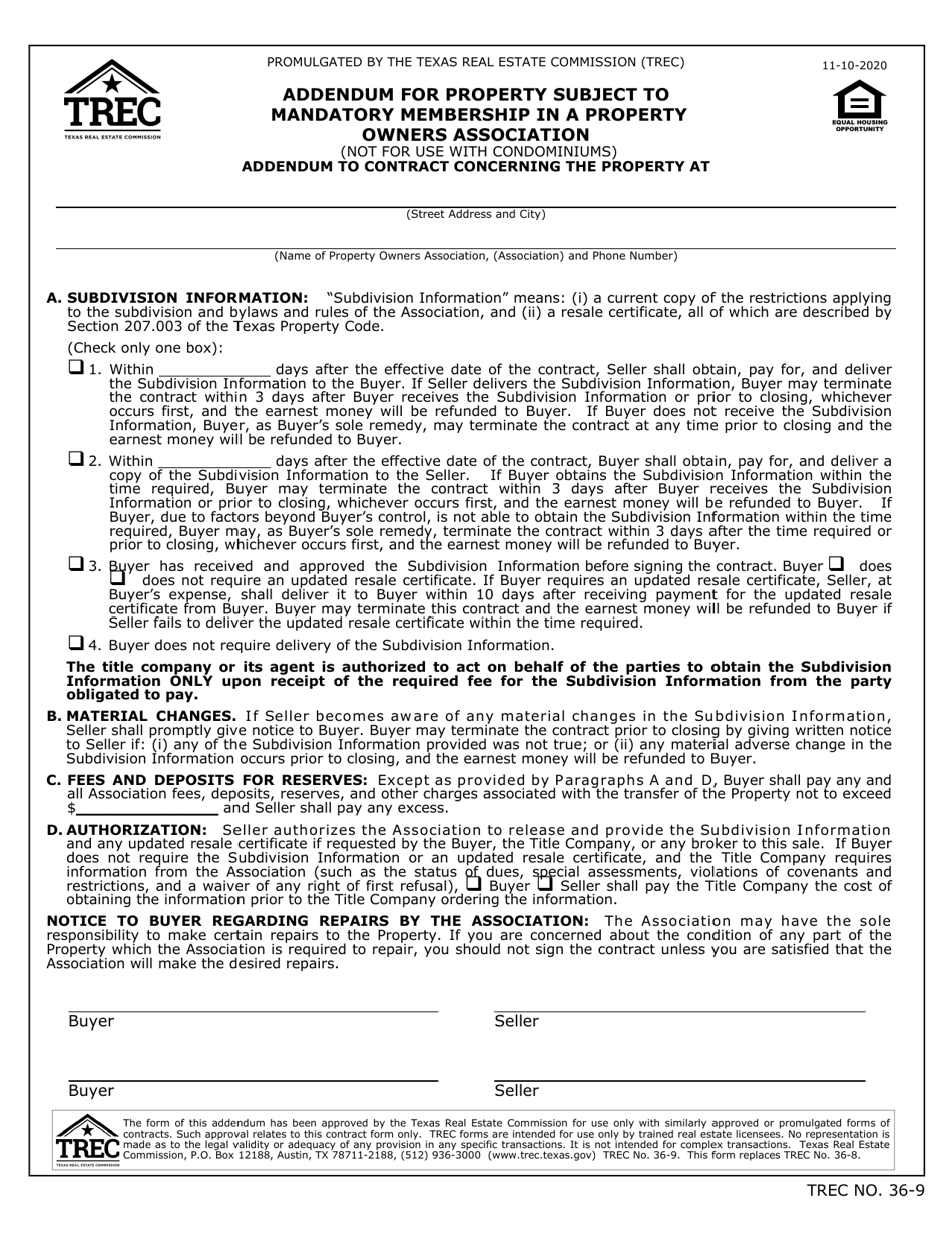 TREC Form 36-9 Addendum for Property Subject to Mandatory Membership in a Property Owners Association - Texas, Page 1