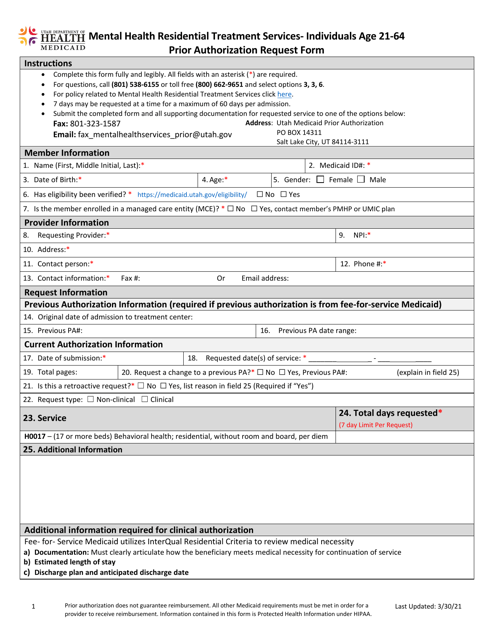 Mental Health Residential Treatment Services - Individuals Age 21-64 Prior Authorization Request Form - Utah Download Pdf