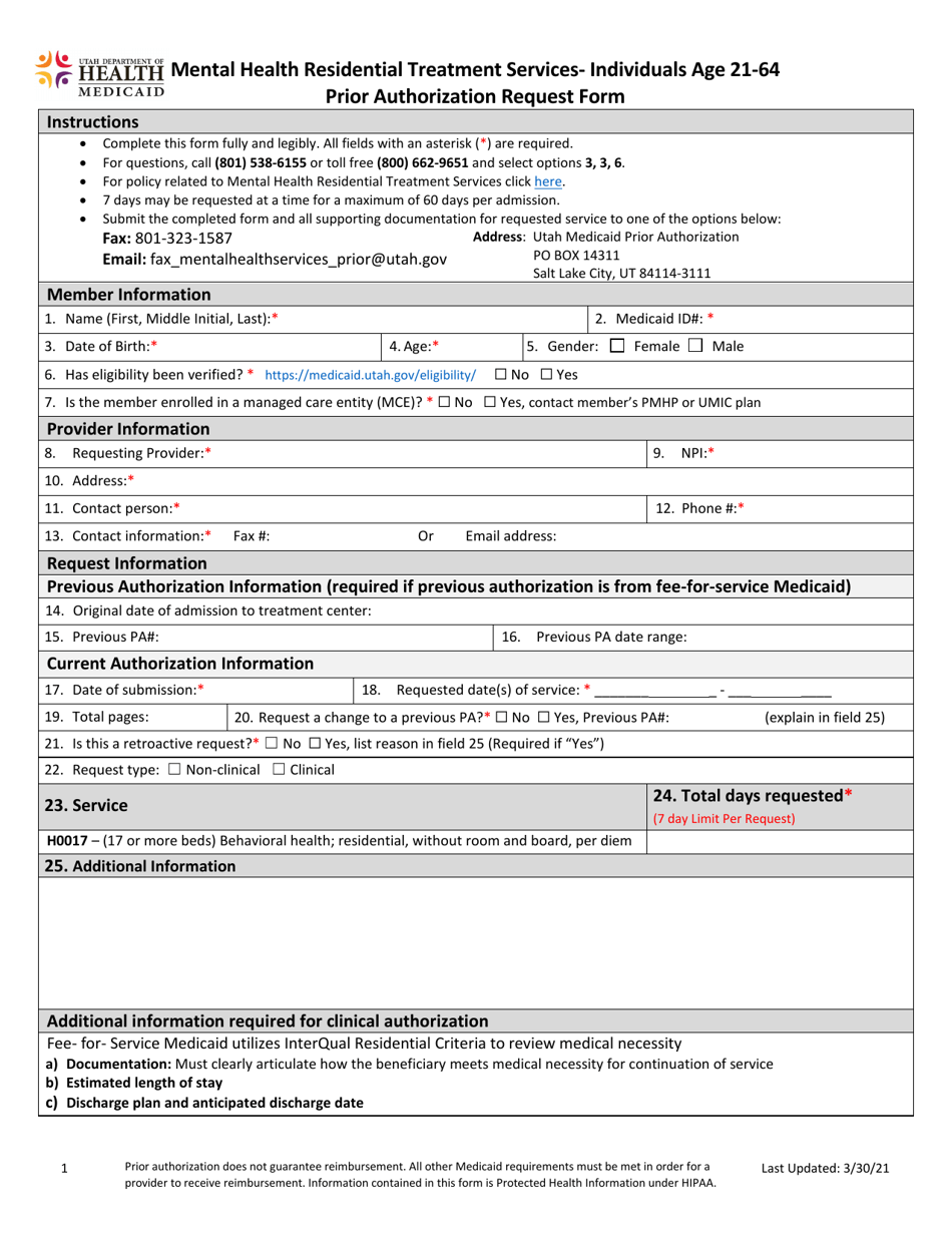 Mental Health Residential Treatment Services - Individuals Age 21-64 Prior Authorization Request Form - Utah, Page 1