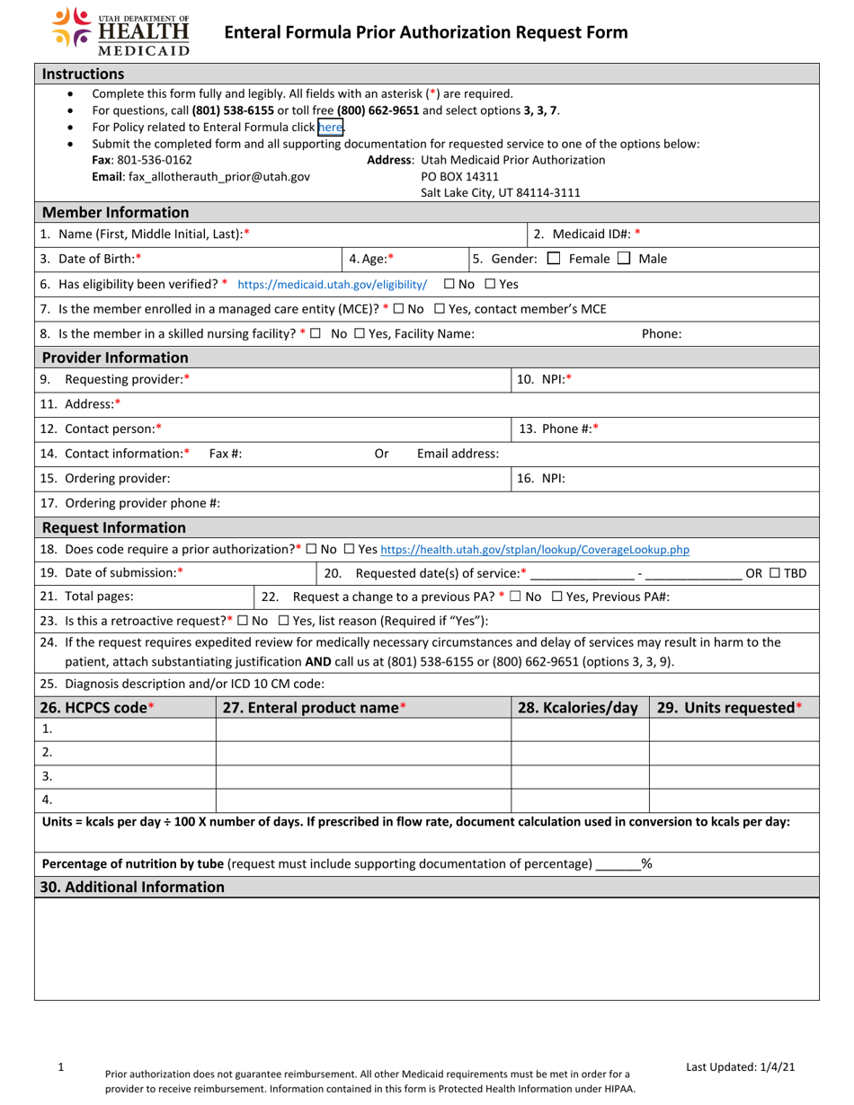 Utah Enteral Formula Prior Authorization Request Form - Fill Out, Sign ...