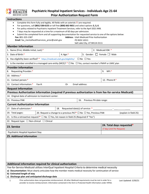 Psychiatric Hospital Inpatient Services - Individuals Age 21-64 Prior Authorization Request Form - Utah Download Pdf