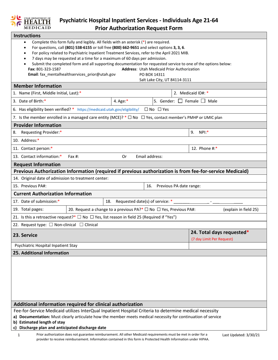 Utah Psychiatric Hospital Inpatient Services Individuals Age 21 64 Prior Authorization Request 2715