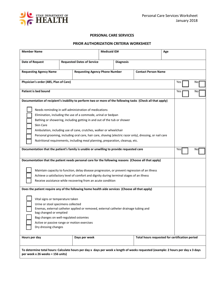 Personal Care Services Prior Authorization Criteria Worksheet - Utah, Page 1