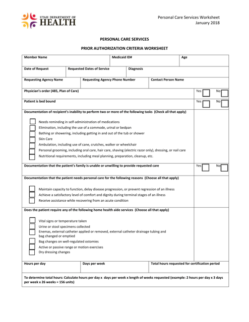 Personal Care Services Prior Authorization Criteria Worksheet - Utah