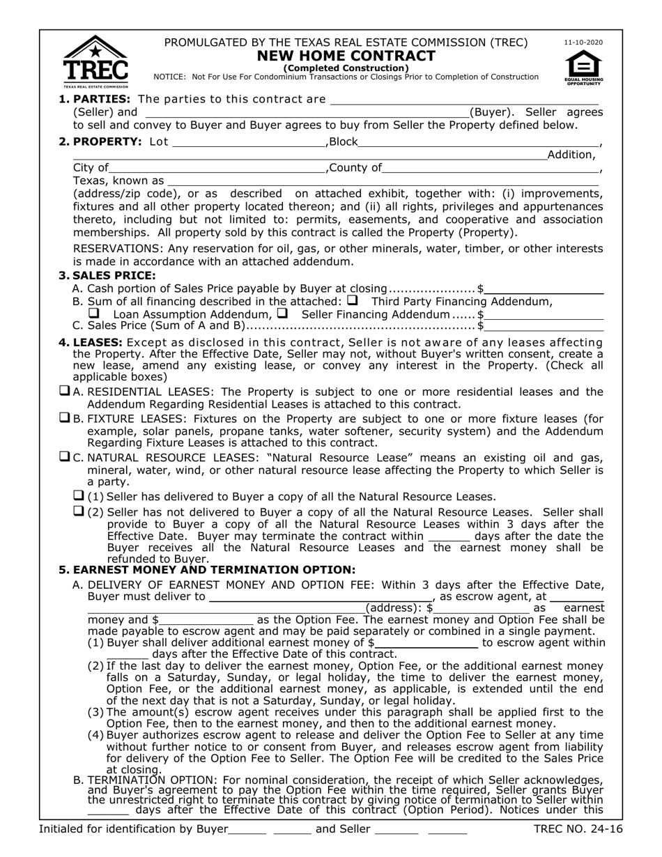 TREC Form 24-16 New Home Contract (Completed Construction) - Texas, Page 1