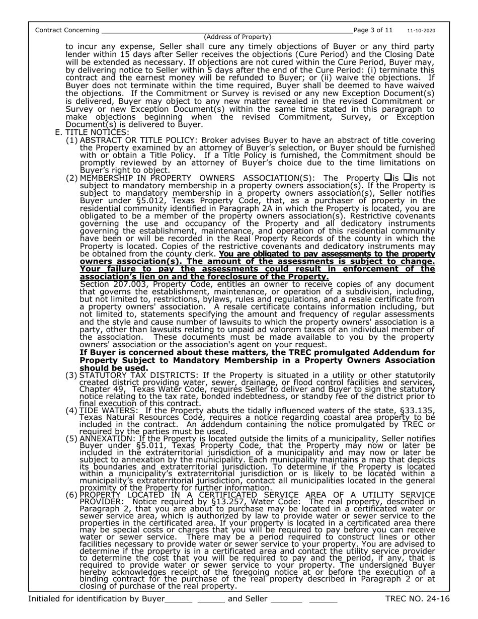 TREC Form 24-16 New Home Contract (Completed Construction) - Texas, Page 3