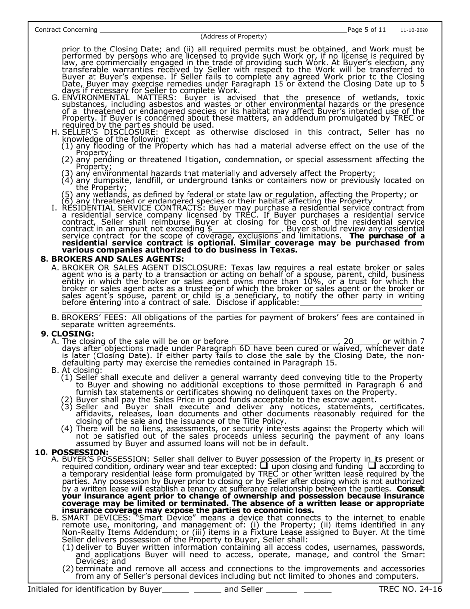 TREC Form 24-16 New Home Contract (Completed Construction) - Texas, Page 5