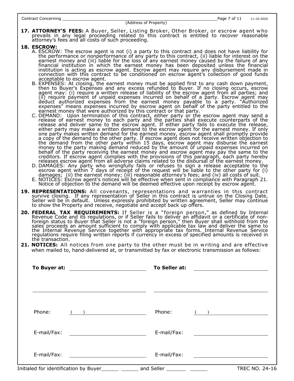 TREC Form 24-16 New Home Contract (Completed Construction) - Texas, Page 7