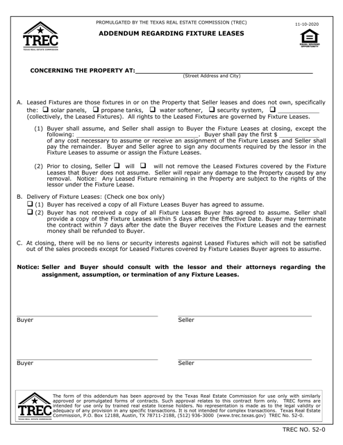TREC Form 52-0 Addendum Regarding Fixture Leases - Texas
