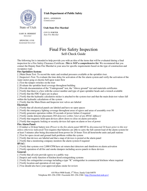 Final Fire Safety Inspection Self-check Guide - Utah