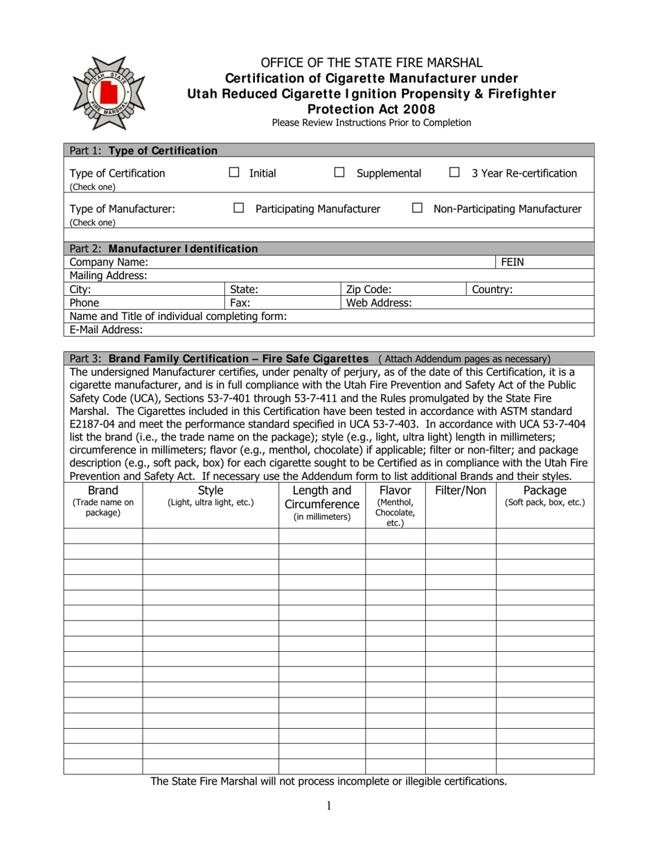 Form FSC-1 Certification of Cigarette Manufacturer Under Utah Reduced Cigarette Ignition Propensity  Firefighter Protection Act 2008 - Utah, Page 1