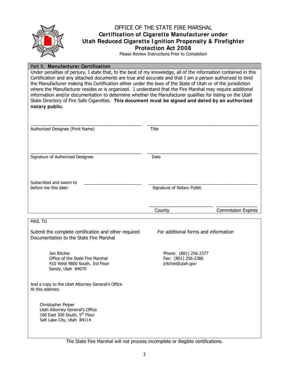 Form FSC-1 Certification of Cigarette Manufacturer Under Utah Reduced Cigarette Ignition Propensity  Firefighter Protection Act 2008 - Utah, Page 3