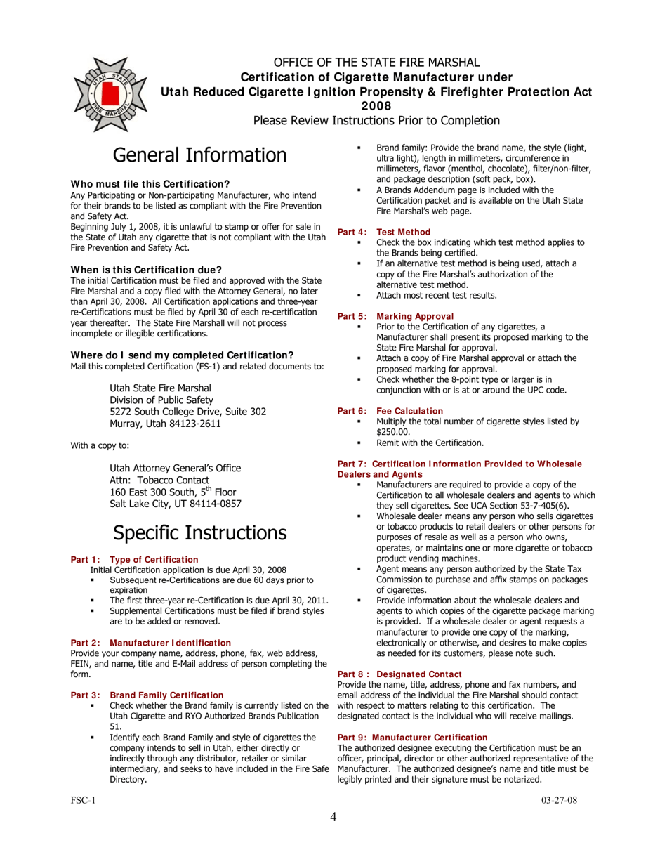 Form FSC-1 Certification of Cigarette Manufacturer Under Utah Reduced Cigarette Ignition Propensity  Firefighter Protection Act 2008 - Utah, Page 4