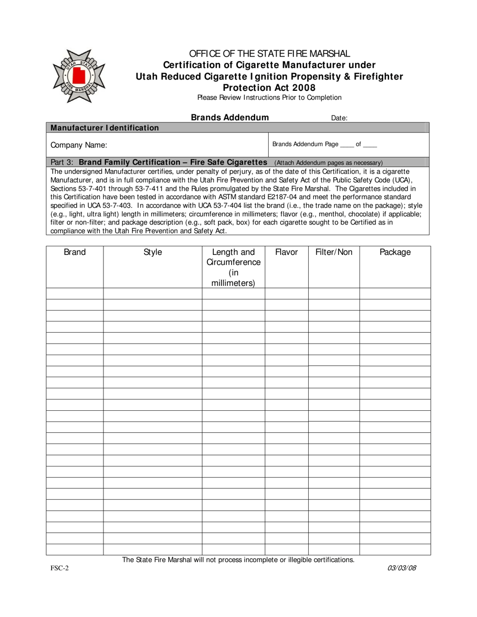 Form FSC-2 Certification of Cigarette Manufacturer Under Utah Reduced Cigarette Ignition Propensity  Firefighter Protection Act 2008 - Brands Addendum - Utah, Page 1