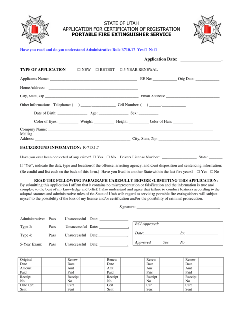 Application for Certification of Registration Portable Fire Extinguisher Service - Utah