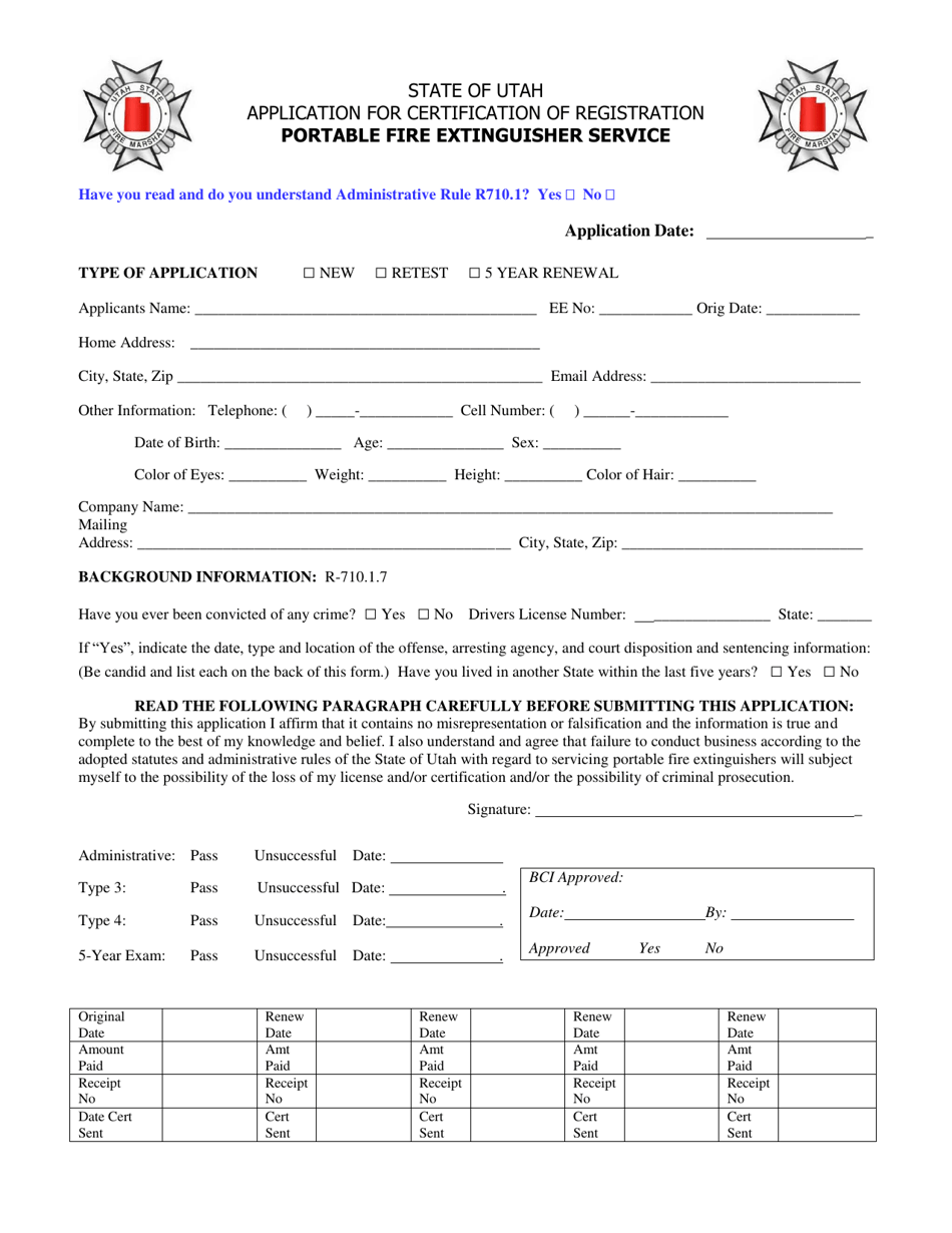 Application for Certification of Registration Portable Fire Extinguisher Service - Utah, Page 1