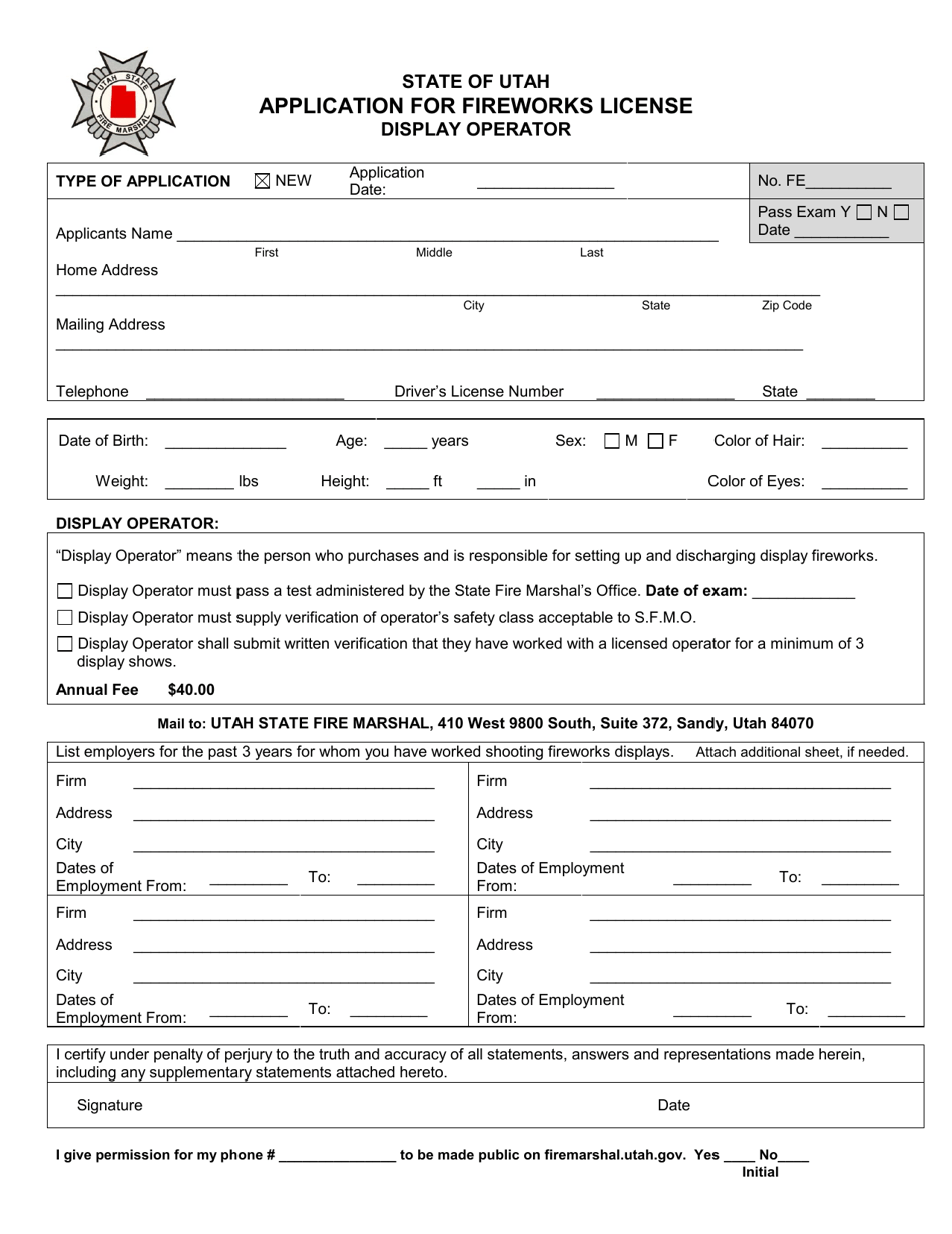 Application for Fireworks License Display Operator - Utah, Page 1