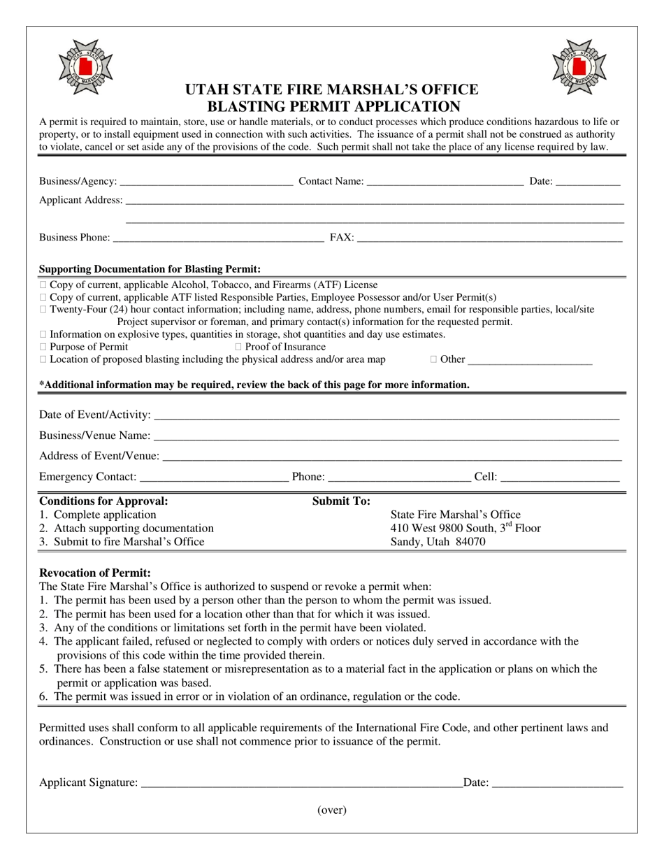 Blasting Permit Application - Utah, Page 1