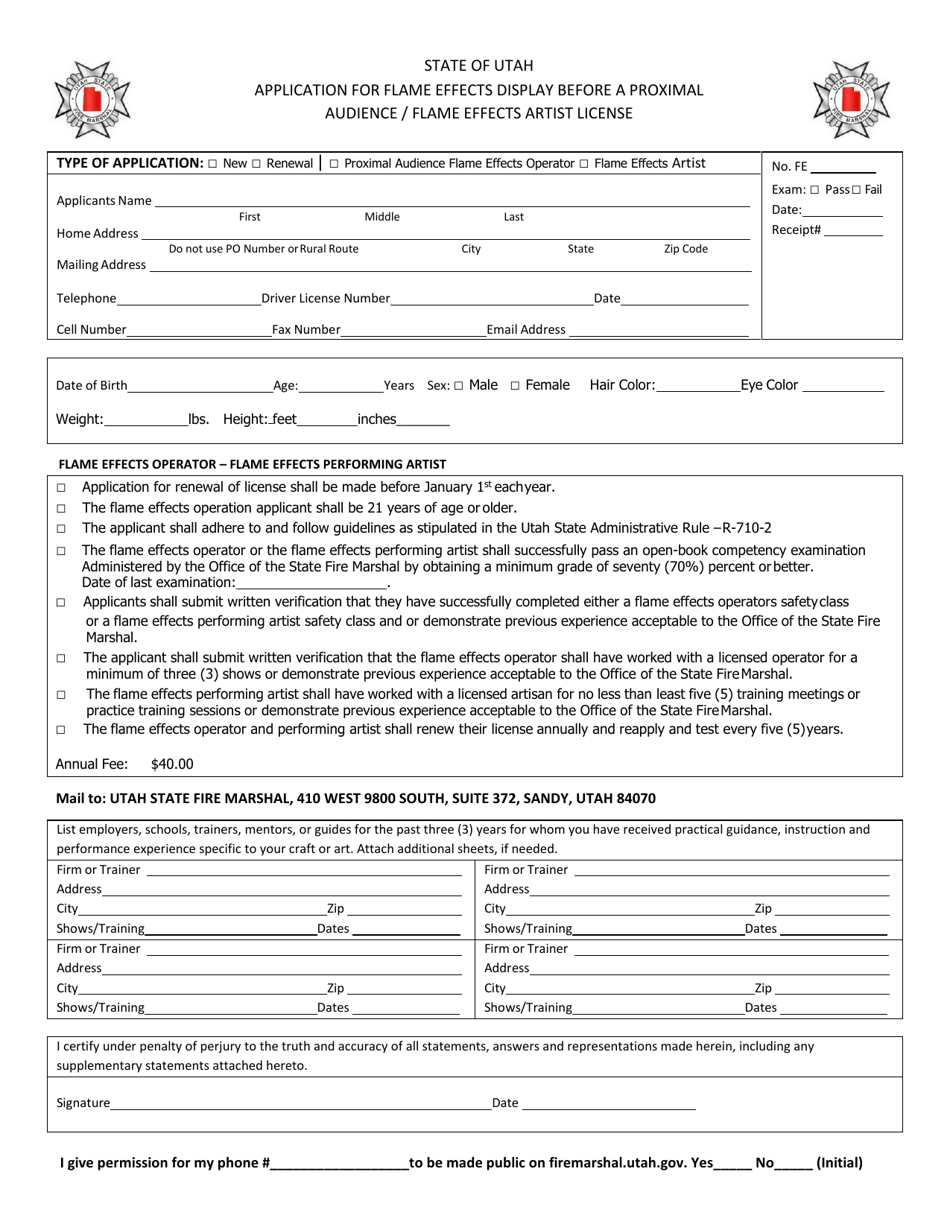 Application for Flame Effects Display Before a Proximal Audience / Flame Effects Artist License - Utah, Page 1