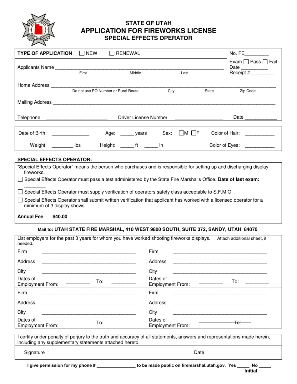 Application for Fireworks License Special Effects Operator - Utah, Page 1