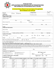 &quot;Application for Certificate of Registration Fire Sprinkler System Inspection &amp; Testing&quot; - Utah